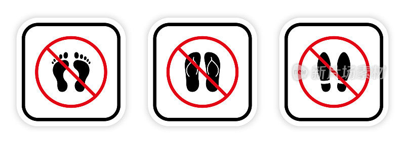 足迹双鞋翻拍红色停止圈符号设置。不允许的步骤标志。凉鞋禁止黑色剪影图标。Forbid Beach Flipflop Pictogram。禁止休闲鞋。孤立的矢量图